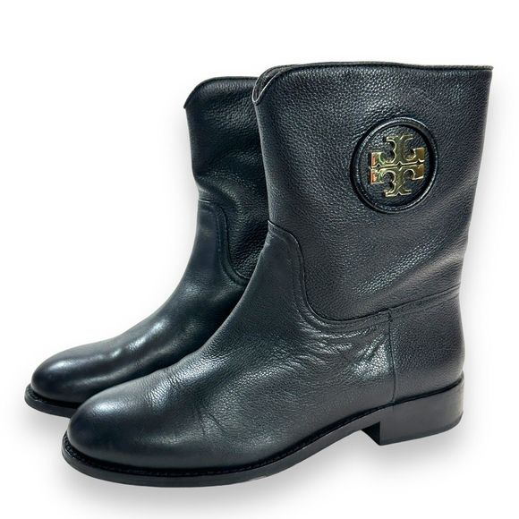 Tory Burch Boots Size 7 M Black Leather Gold Logo Hallie Mid Shaft Short Riding - Picture 2 of 13